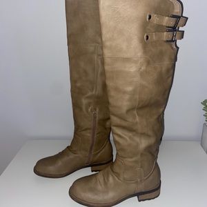 Woman’s Buckle Knee High Boots in Taupe